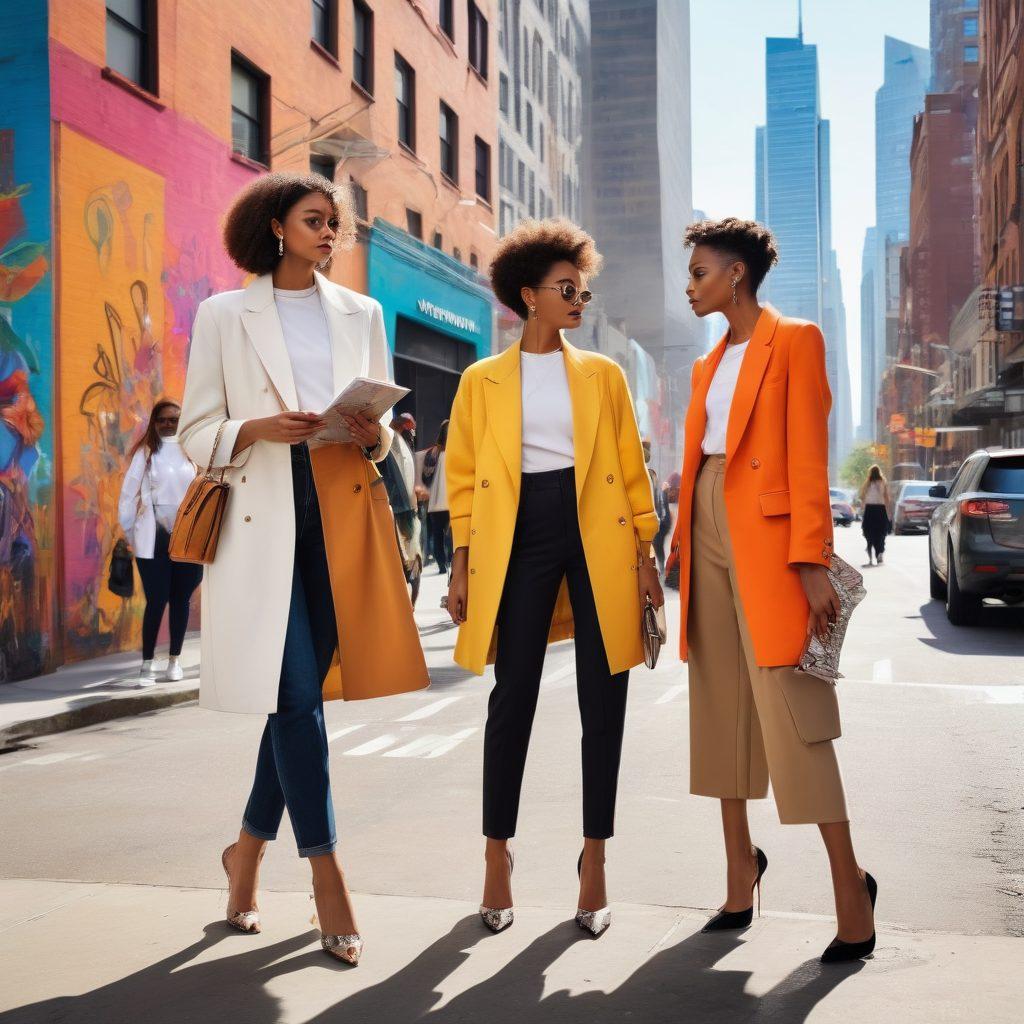 A stylish, diverse group of fashion-forward individuals in a chic urban setting, showcasing their unique outfits and accessories against a vibrant city backdrop. Include an expert stylist giving guidance and taking notes, with elements of fashion sketches and swatches in the scene. The overall atmosphere should be modern and energetic, conveying a sense of individuality and creativity. vibrant colors. urban street style. super-realistic.