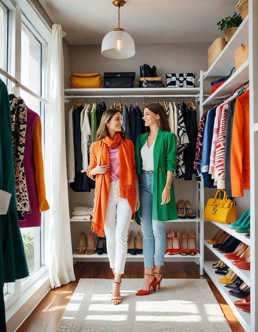 A stylish and chic wardrobe displayed in an open closet, featuring a mix of colorful clothing, accessories, and trendy shoes. Show a person joyfully trying on outfits with a mirror reflecting their excitement, surrounded by fashionable items, like scarves and handbags. The background should be a bright, well-lit room with a touch of greenery outside the window for a refreshing feel. modern lifestyle. vibrant colors. super-realistic.